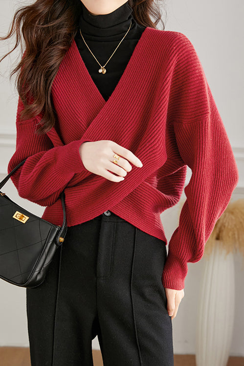 Lässiges vielseitiges V-Ausschnitt einfarbiges Strickoberteil