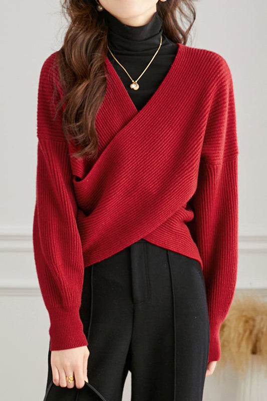 Lässiges vielseitiges V-Ausschnitt einfarbiges Strickoberteil