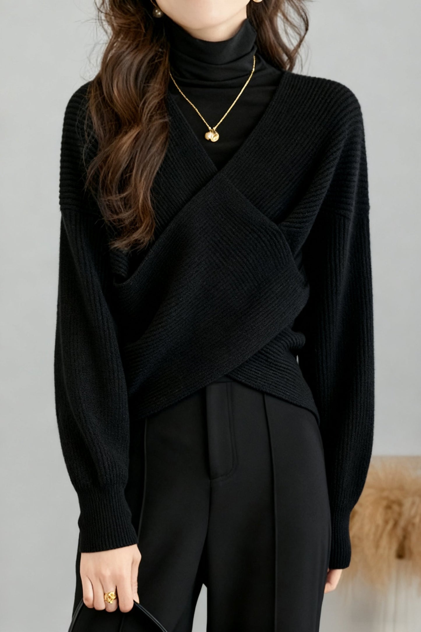 Lässiges vielseitiges V-Ausschnitt einfarbiges Strickoberteil