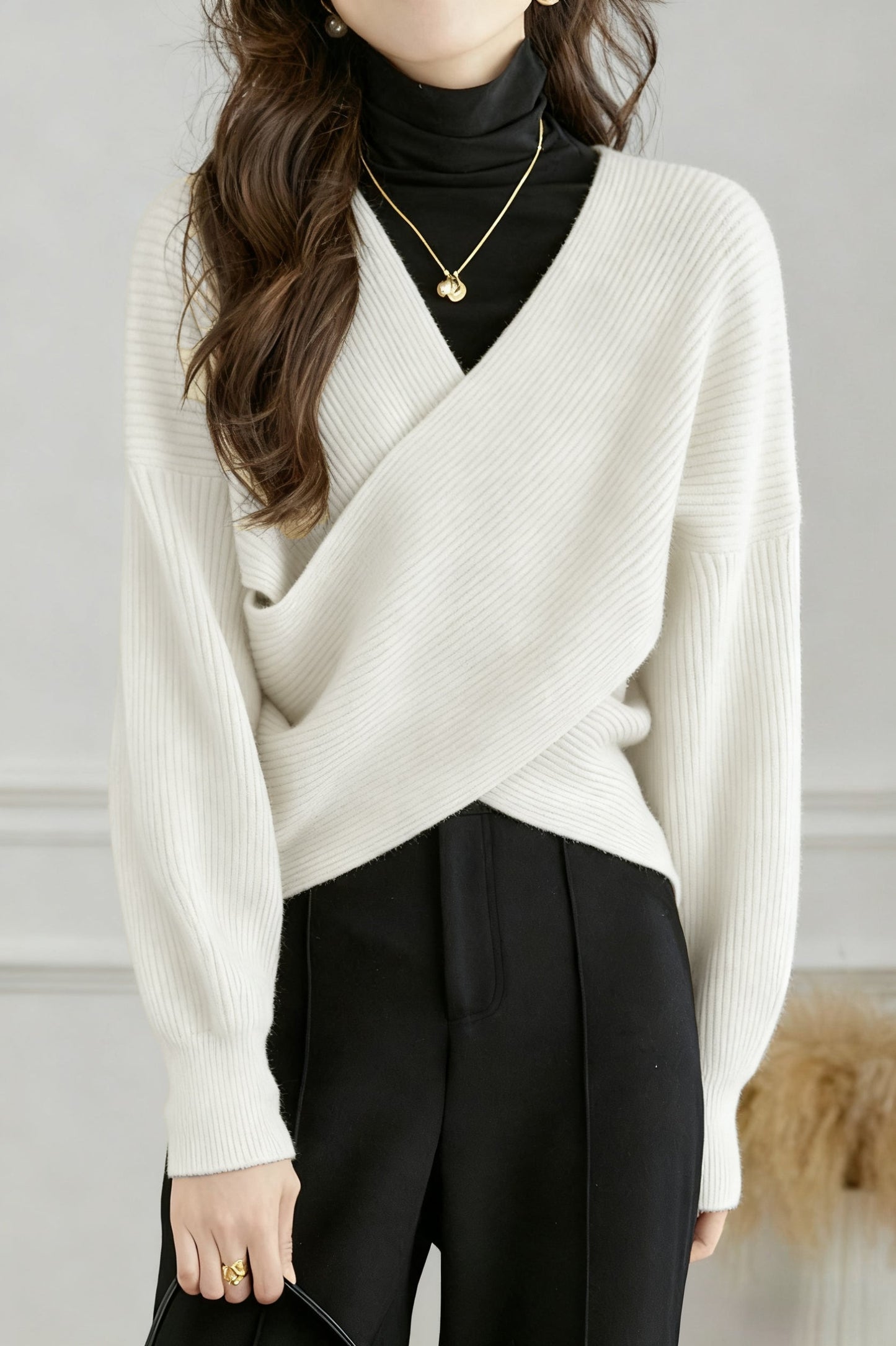 Lässiges vielseitiges V-Ausschnitt einfarbiges Strickoberteil