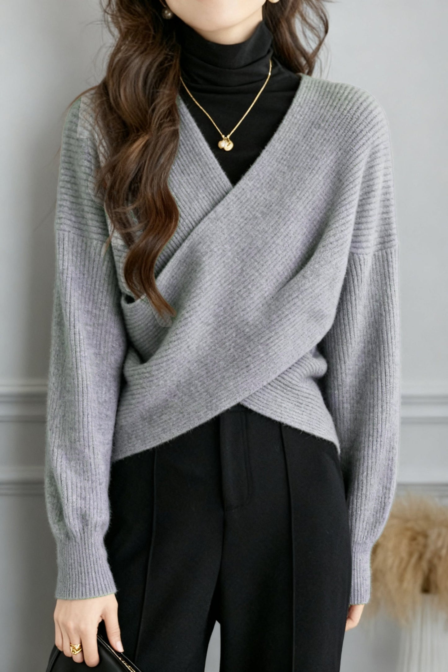 Lässiges vielseitiges V-Ausschnitt einfarbiges Strickoberteil