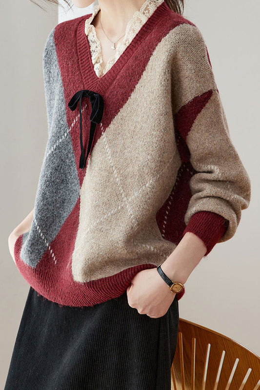 Lässiger Retro V-Ausschnitt Argyle Strickpullover