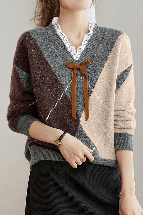 Lässiger Retro V-Ausschnitt Argyle Strickpullover