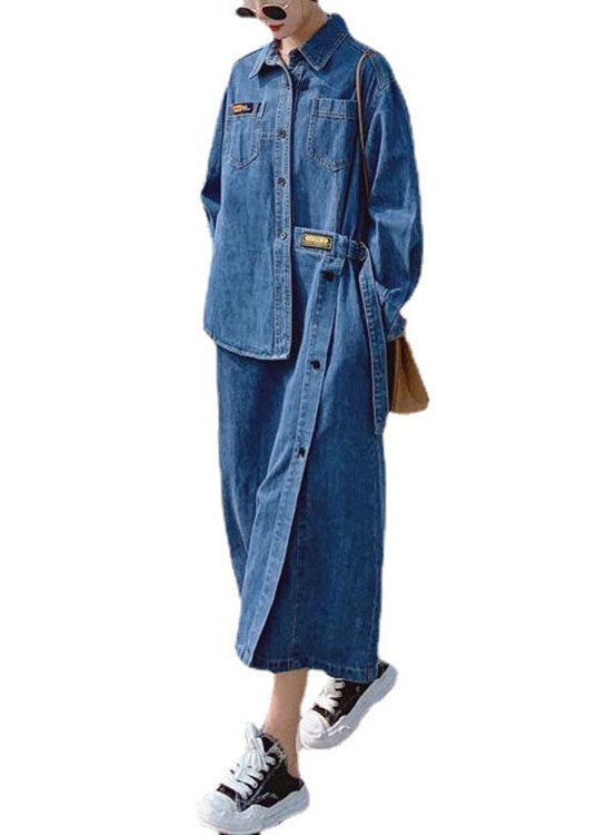 Lockeres Blaues Taschenknopf asymmetrisches Design Herbst Denim Langarm Lang Kleid