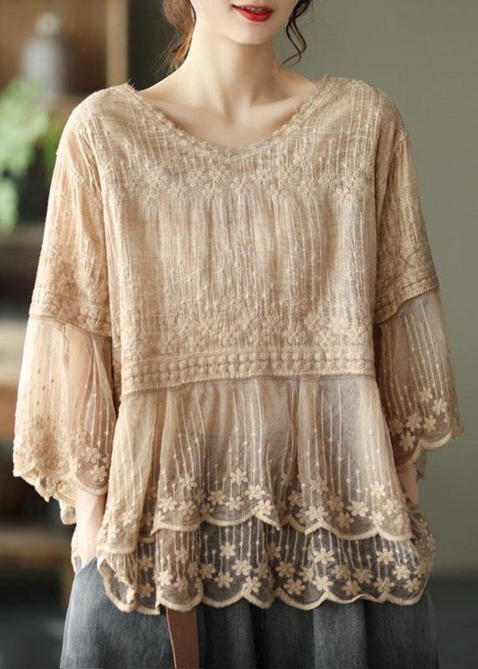 Lockeres Khaki O-Neck Besticktes Patchwork Sommerhemden mit halben Ärmeln