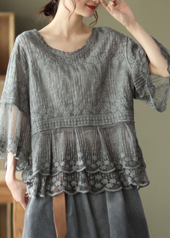 Lockeres Khaki O-Neck Besticktes Patchwork Sommerhemden mit halben Ärmeln