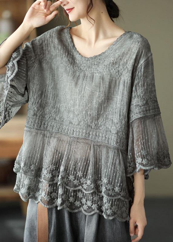 Lockeres Khaki O-Neck Besticktes Patchwork Sommerhemden mit halben Ärmeln