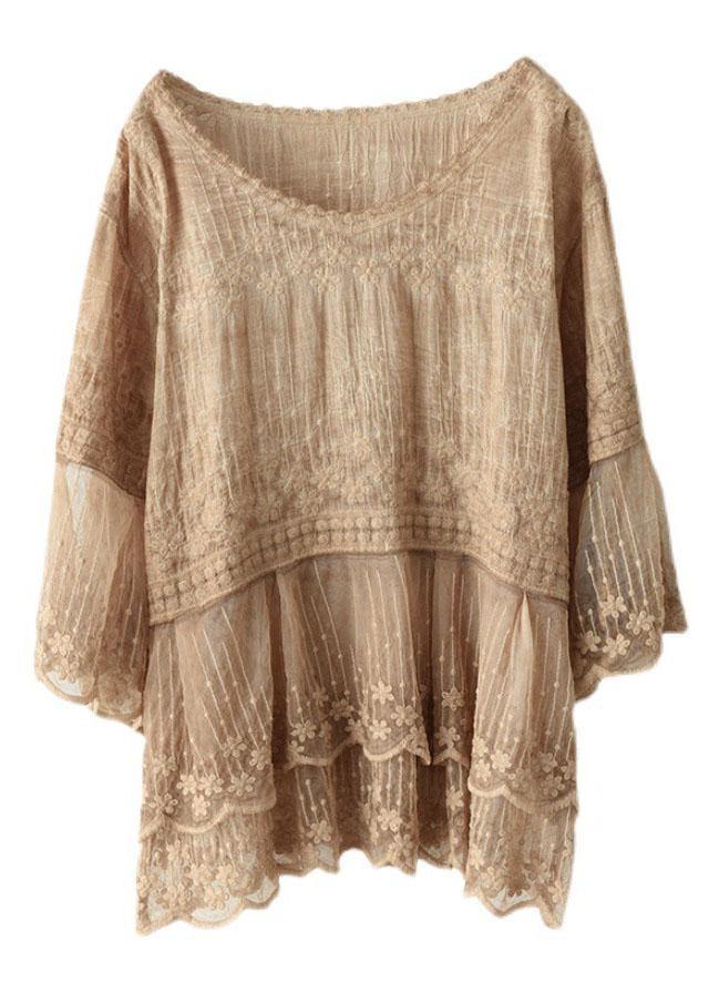 Lockeres Khaki O-Neck Besticktes Patchwork Sommerhemden mit halben Ärmeln