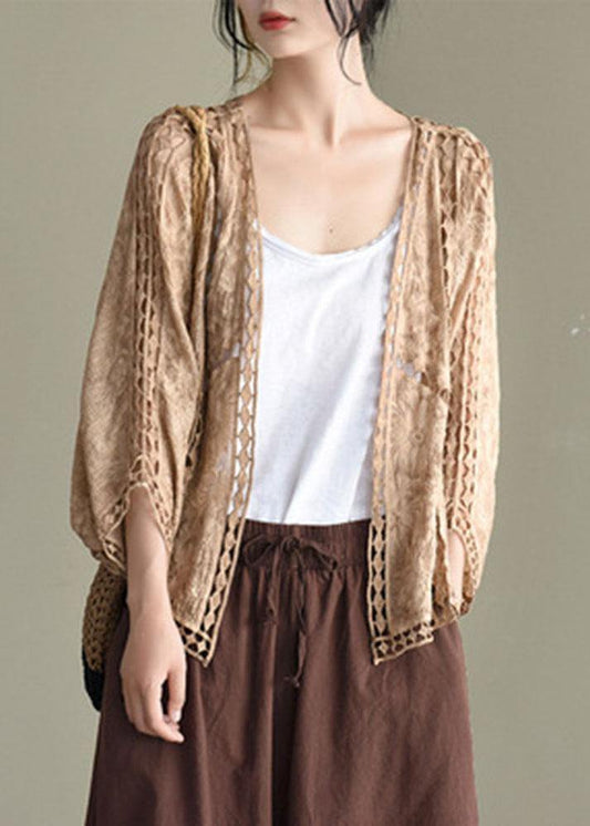 Moderne Khaki Jacquard Hollow Out Baumwolle Kurze Cardigans