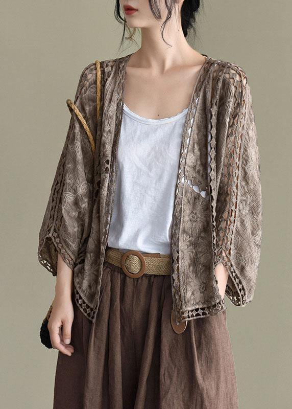 Moderne Khaki Jacquard Hollow Out Baumwolle Kurze Cardigans