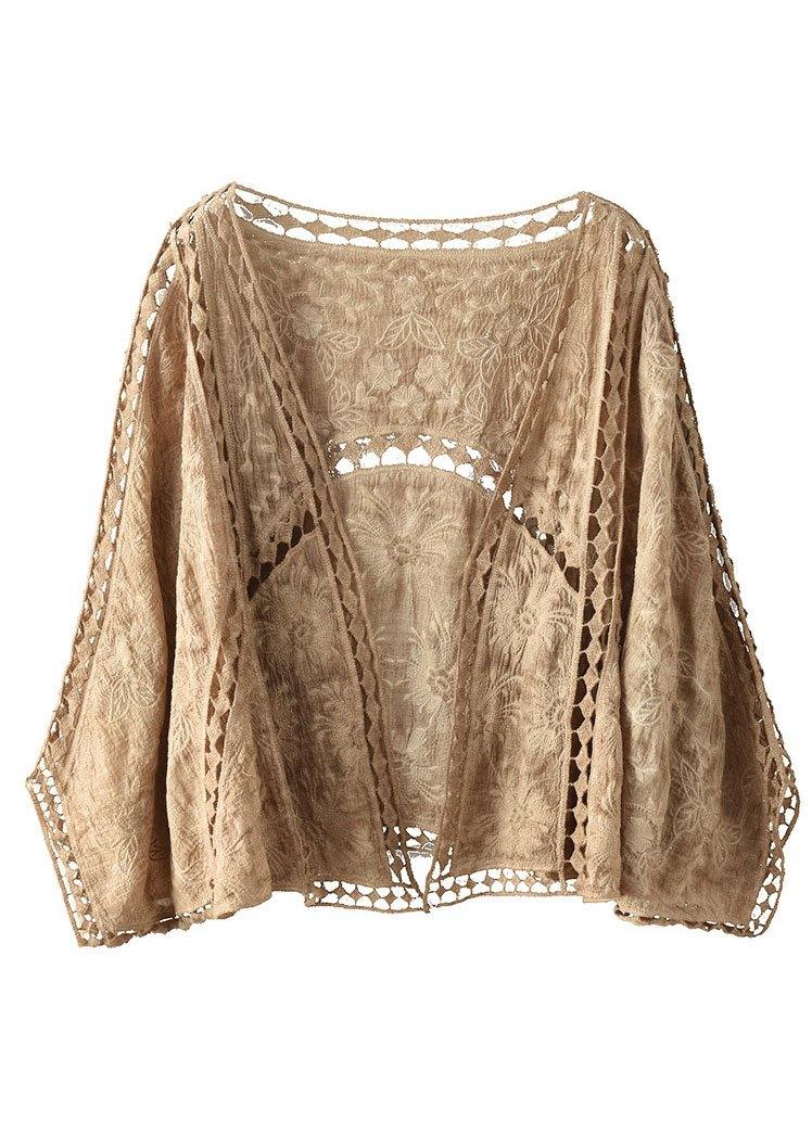 Moderne Khaki Jacquard Hollow Out Baumwolle Kurze Cardigans