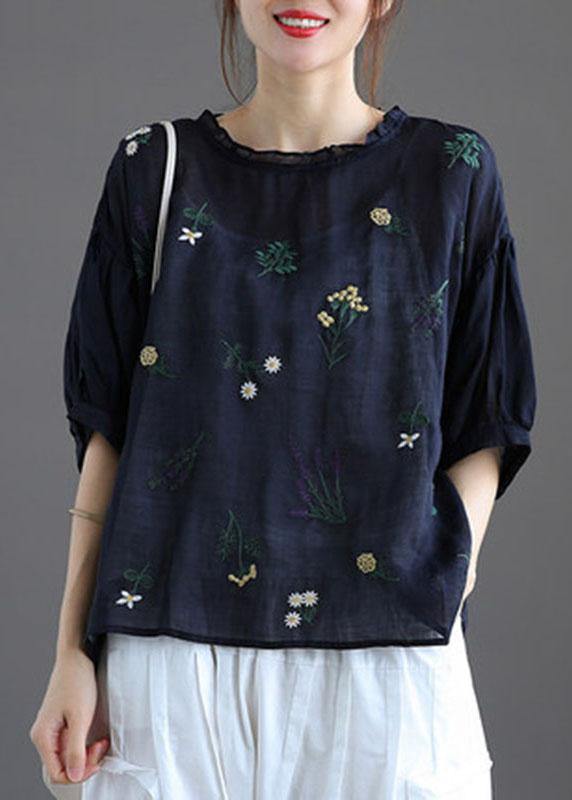 Moderne Druck Regulär Bestickte Sommer Blumen Halbärmel