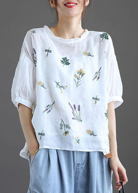 Moderne Druck Regulär Bestickte Sommer Blumen Halbärmel