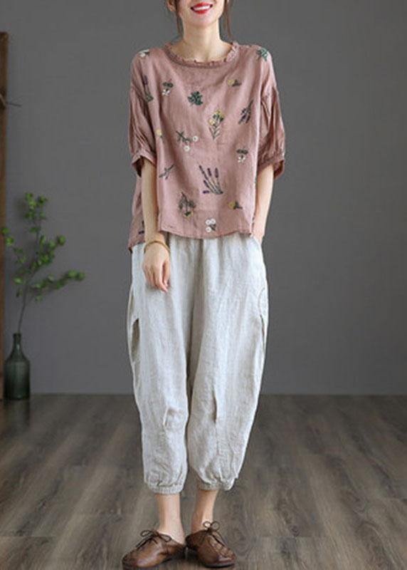 Moderne Druck Regulär Bestickte Sommer Blumen Halbärmel