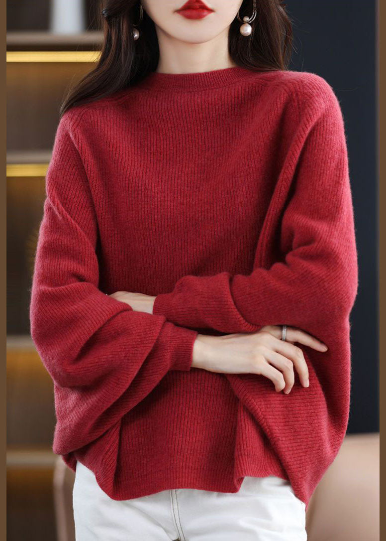 Moderner roter O-Ausschnitt oversized Wollstrickpullover mit Fledermausärmeln