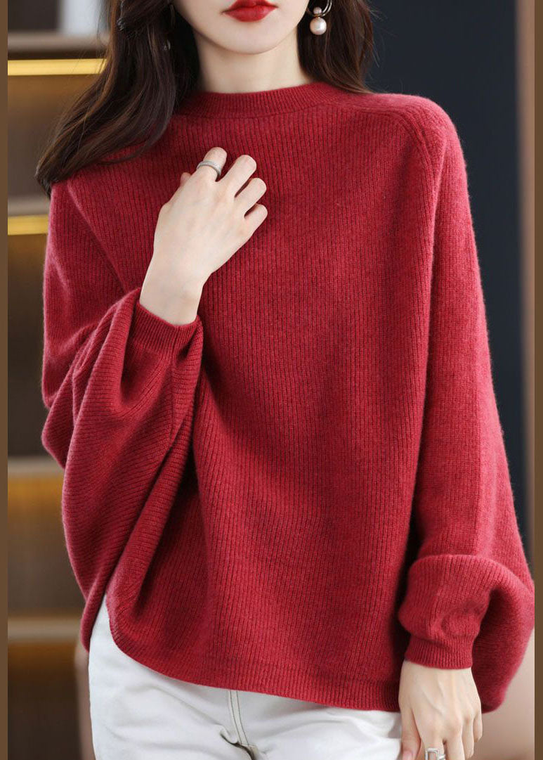 Moderner roter O-Ausschnitt oversized Wollstrickpullover mit Fledermausärmeln