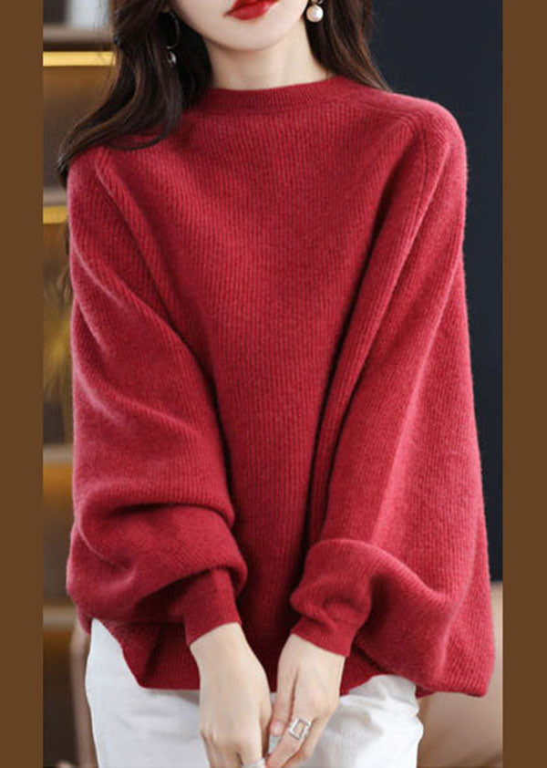 Moderner roter O-Ausschnitt oversized Wollstrickpullover mit Fledermausärmeln