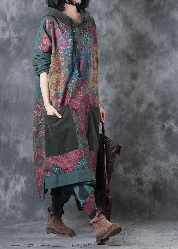 Moderne grüne Druck Baumwollkleidung mit Kapuze und Kordelzug Kunstkleid