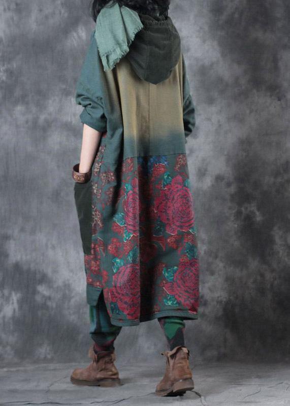 Moderne grüne Druck Baumwollkleidung mit Kapuze und Kordelzug Kunstkleid