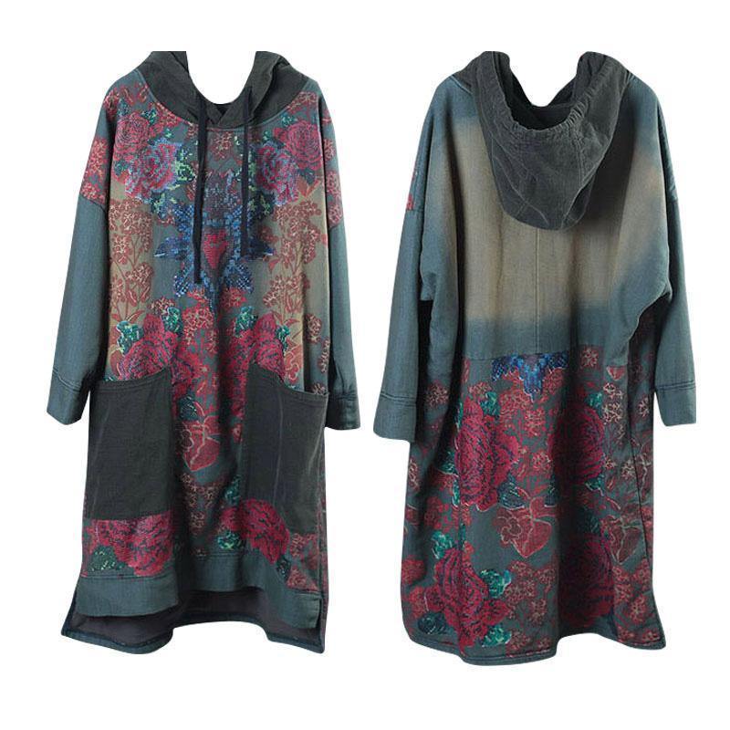 Moderne grüne Druck Baumwollkleidung mit Kapuze und Kordelzug Kunstkleid