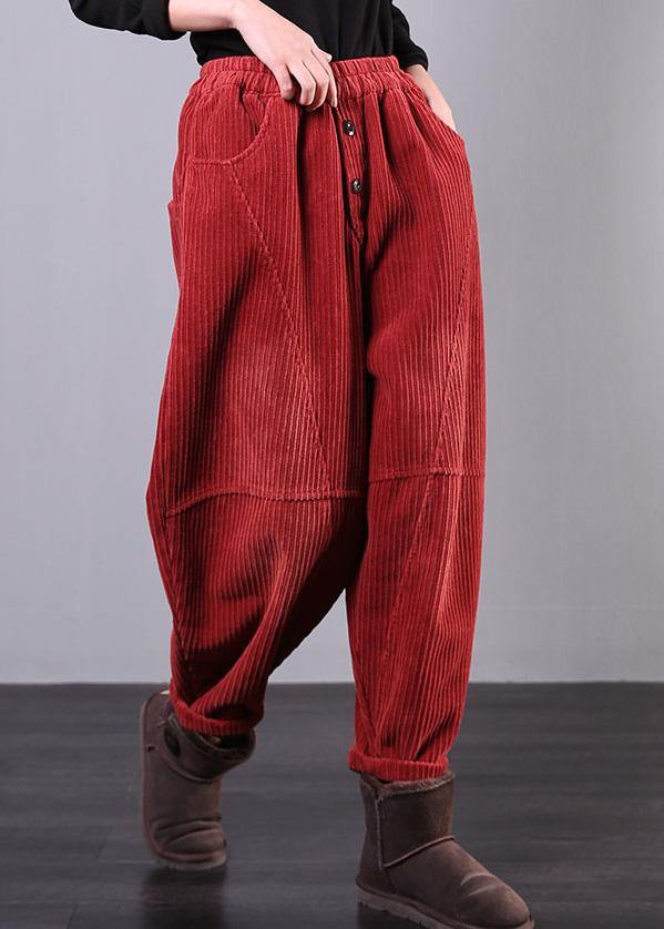Moderne Rote Damenhose Oversize Herbst Corduroy Taschen Baumwolle Lässige Hose