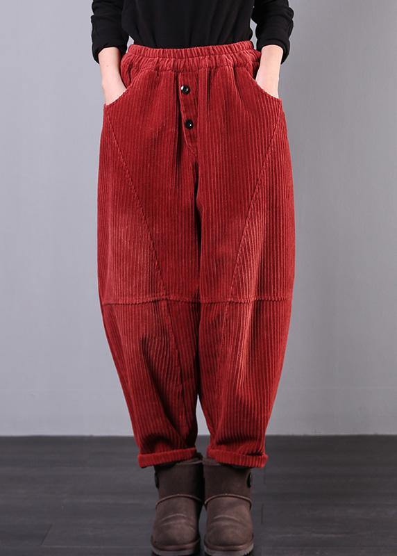 Moderne Rote Damenhose Oversize Herbst Corduroy Taschen Baumwolle Lässige Hose