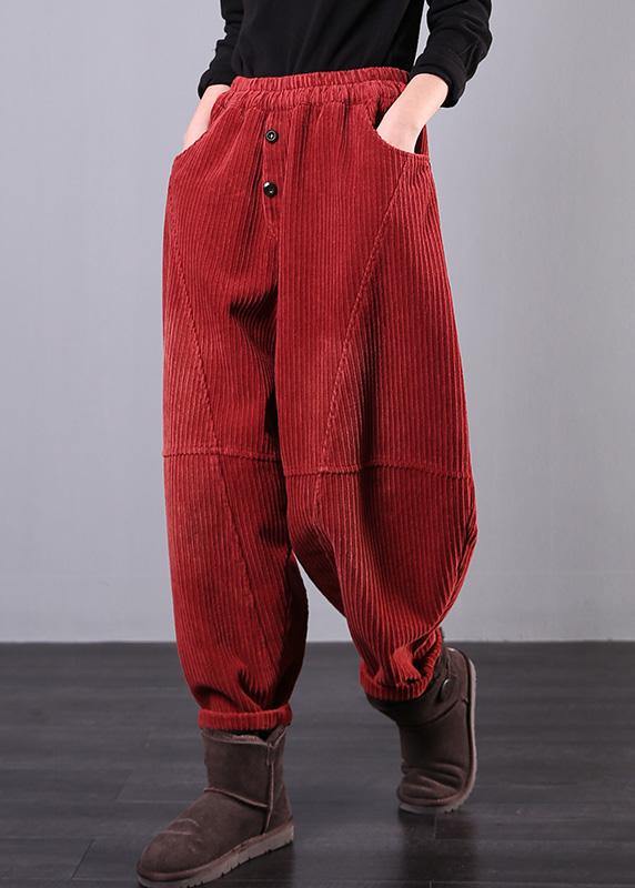 Moderne Rote Damenhose Oversize Herbst Corduroy Taschen Baumwolle Lässige Hose