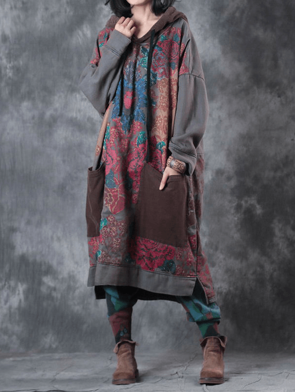 Moderne grüne Druck Baumwollkleidung mit Kapuze und Kordelzug Kunstkleid