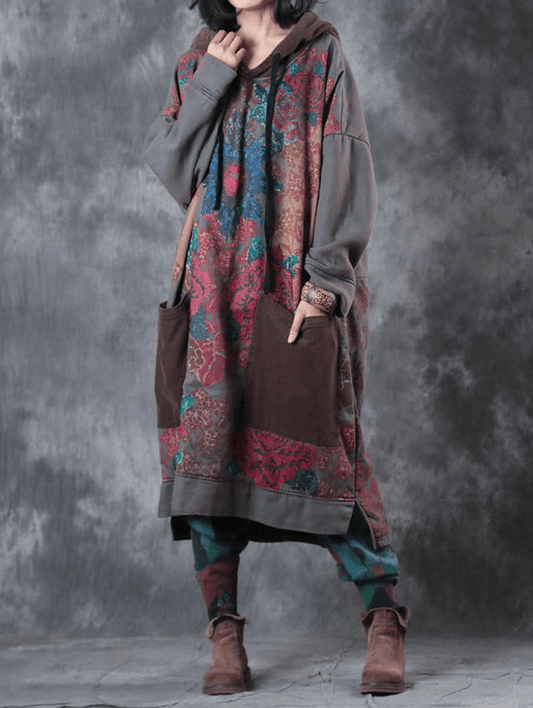 Moderne grüne Druck Baumwollkleidung mit Kapuze und Kordelzug Kunstkleid