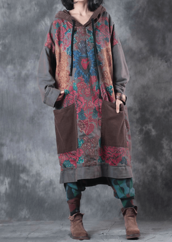 Moderne grüne Druck Baumwollkleidung mit Kapuze und Kordelzug Kunstkleid