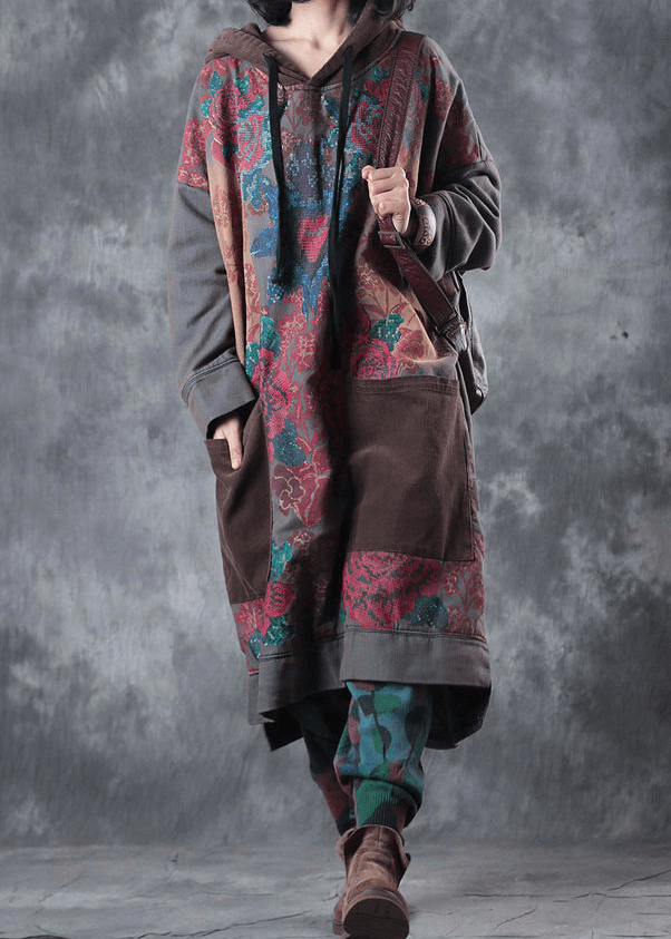 Moderne grüne Druck Baumwollkleidung mit Kapuze und Kordelzug Kunstkleid