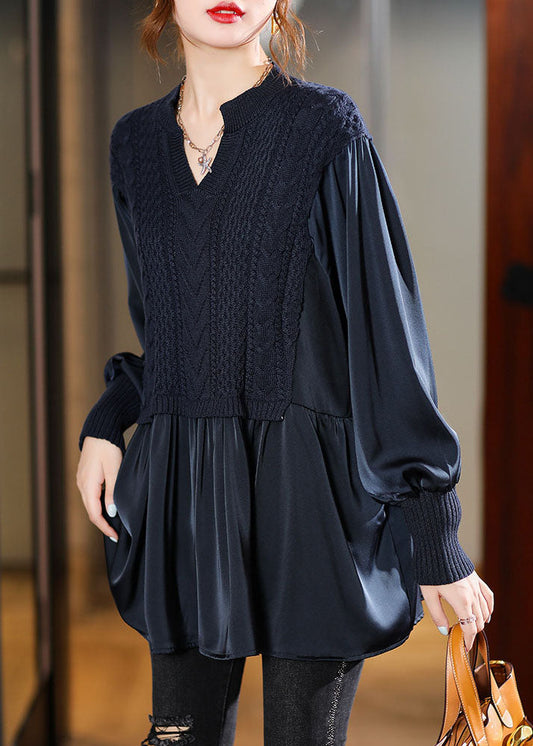 Marineblaue Strickblusen mit Puffärmeln Winteroberteil