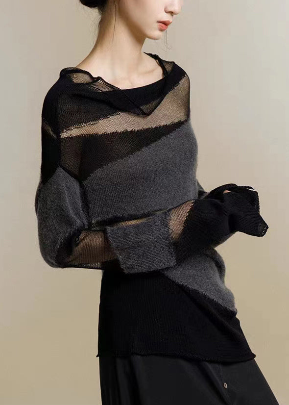 Neue schwarze Turtleneck Tüll Patchwork dünne Strickpullover Herbst