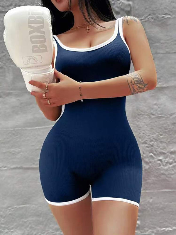 Damen Kontrastfarbe Ripp-Scrunch-Bum Rückenfreies Jumpsuit