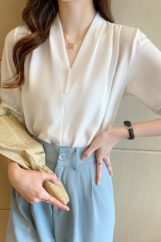 V-Ausschnitt Perlen Kurzarm Chiffonshirt