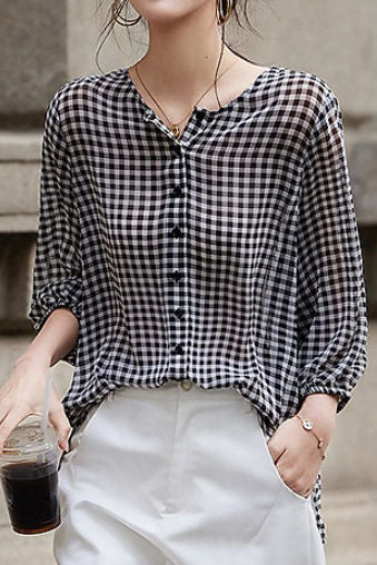 Karierter Chiffon Rundhalsknopf-Longsleeve-Sonnenschutzshirt