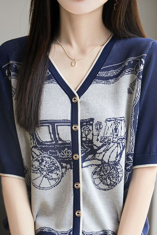 V-Ausschnitt Farbblock Strick T-Shirt