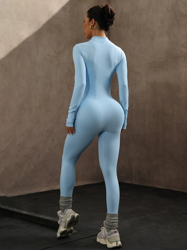 Damen Einfarbiger Reißverschluss Jumpsuit mit Stehkragen