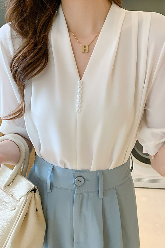 V-Ausschnitt Perlen Kurzarm Chiffonshirt