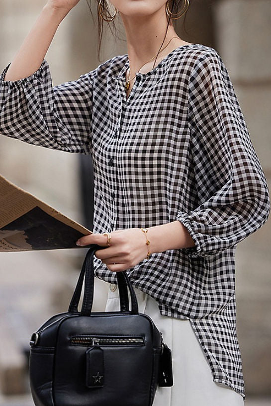 Karierter Chiffon Rundhalsknopf-Longsleeve-Sonnenschutzshirt