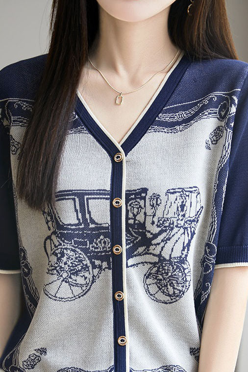 V-Ausschnitt Farbblock Strick T-Shirt