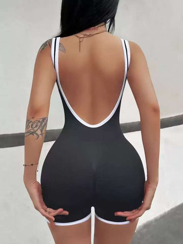 Damen Kontrastfarbe Ripp-Scrunch-Bum Rückenfreies Jumpsuit