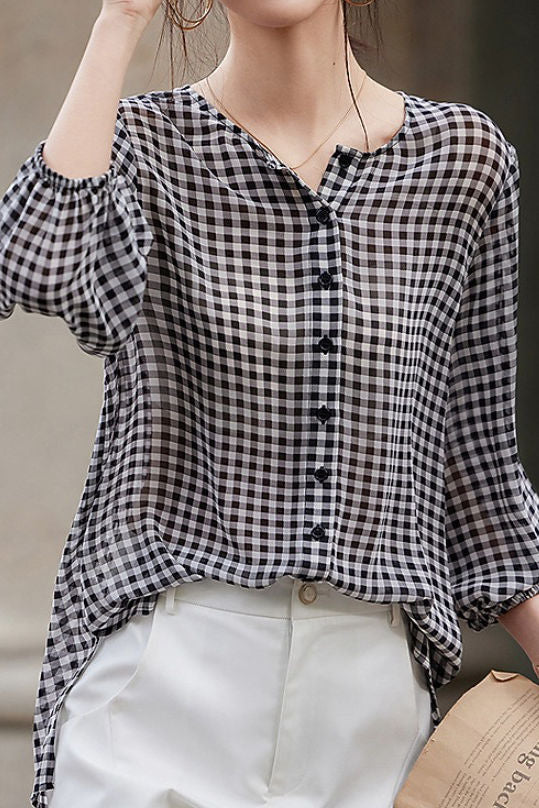 Karierter Chiffon Rundhalsknopf-Longsleeve-Sonnenschutzshirt