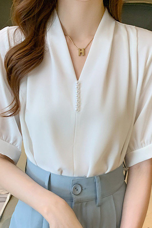 V-Ausschnitt Perlen Kurzarm Chiffonshirt