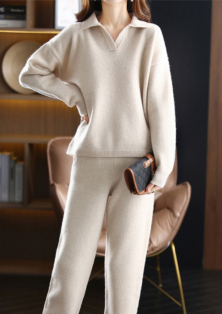 Zwei-Teile-Set: Kragenstricktop + Strickgerade Hose - 4 Farben erhältlich