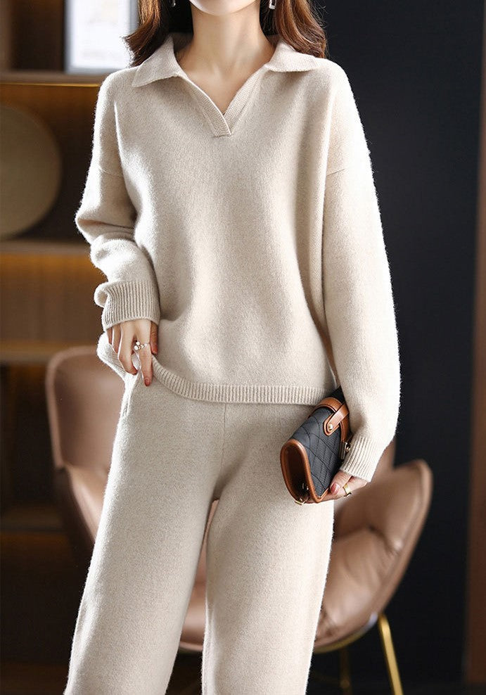 Zwei-Teile-Set: Kragenstricktop + Strickgerade Hose - 4 Farben erhältlich