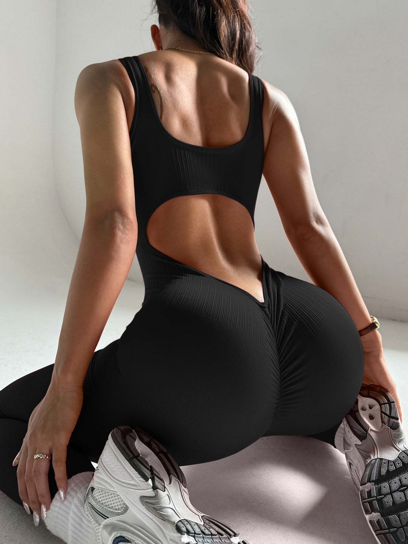 Damen Deep V Rücken Ripp Jumpsuit