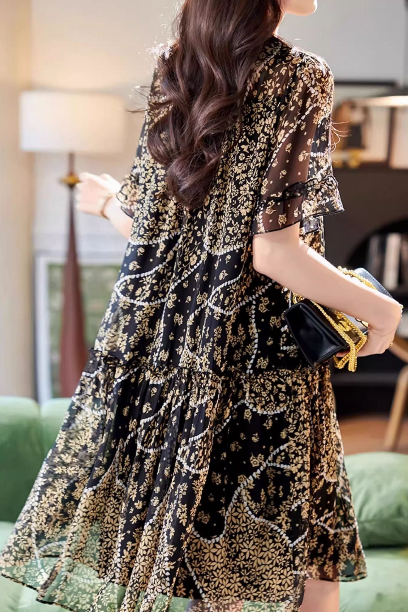 Rundhals-Spitzenpaneel bedrucktes Kurzarmkleid