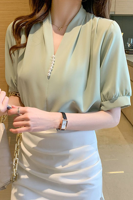 V-Ausschnitt Perlen Kurzarm Chiffonshirt