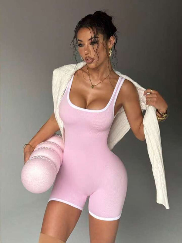 Damen Kontrastfarbe Ripp-Scrunch-Bum Rückenfreies Jumpsuit